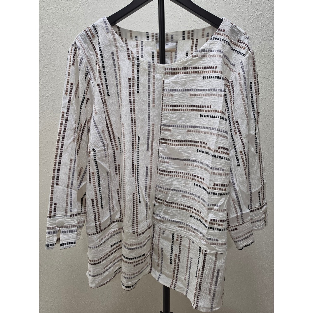 Alfred Dunner Woman 2X White Textured Multi Stripe 3/4 Sleeve Blouse Top